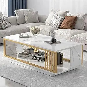 Modern White Marble Veneer Coffee Table With Gold Frame