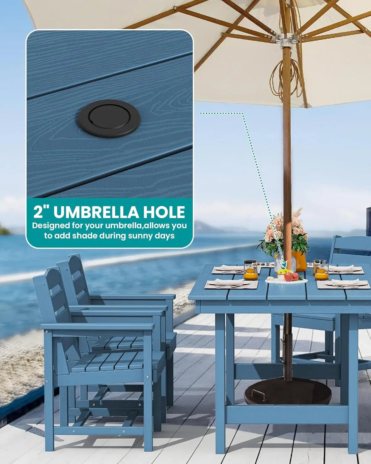 Patio Table Set, Outdoor HDPE Dining Furniture with Umbrella Hole, 5-Piece Dining Chair Set