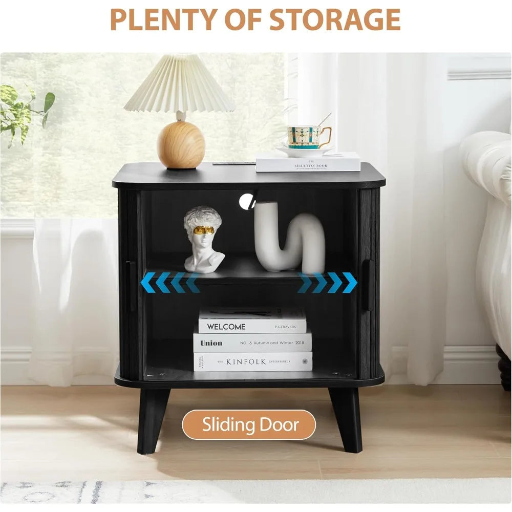 Farmhouse End Table Charging Station Fluted Sliding Door