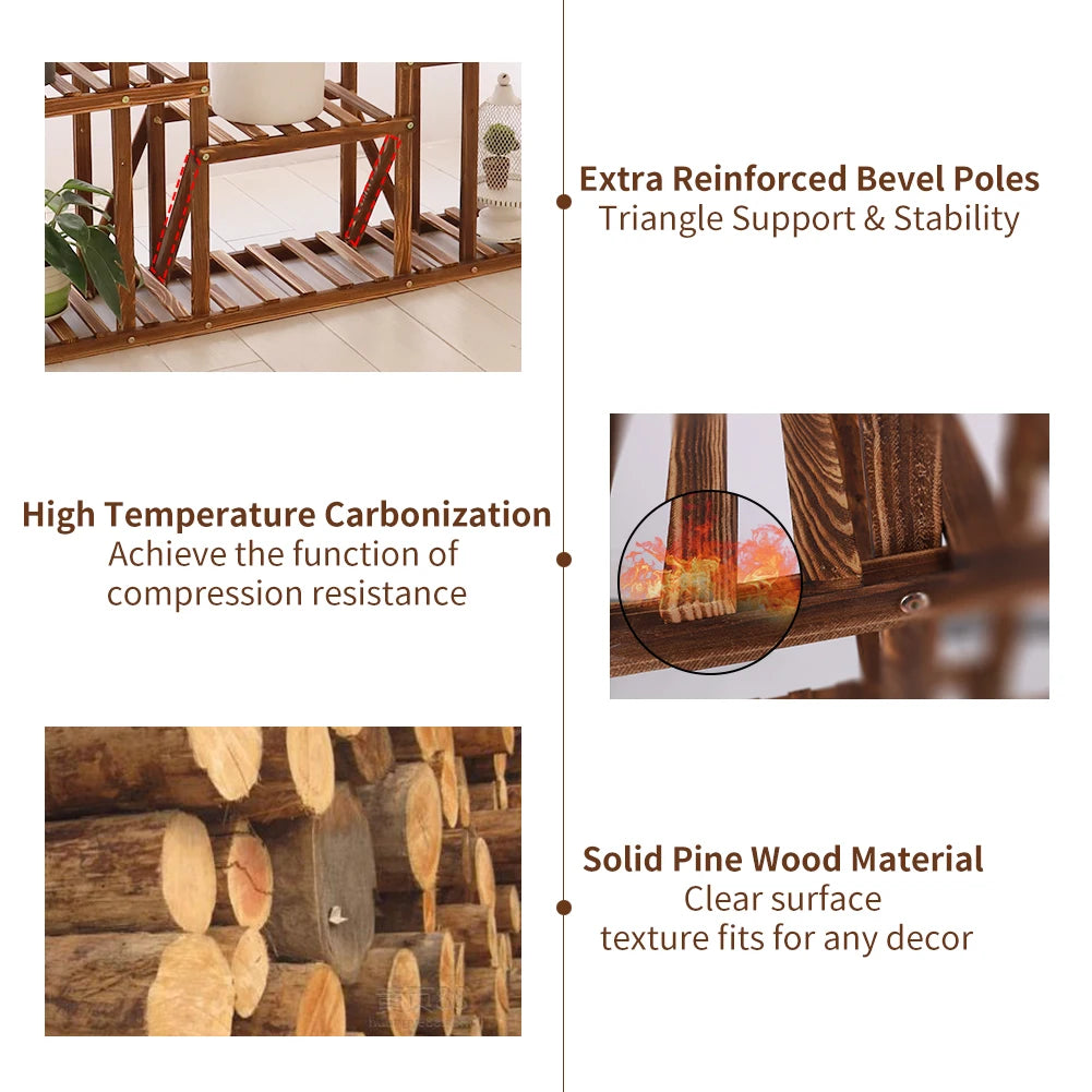 Large 11 Tiered Wood Plant Stand Carbonized For Outdoor