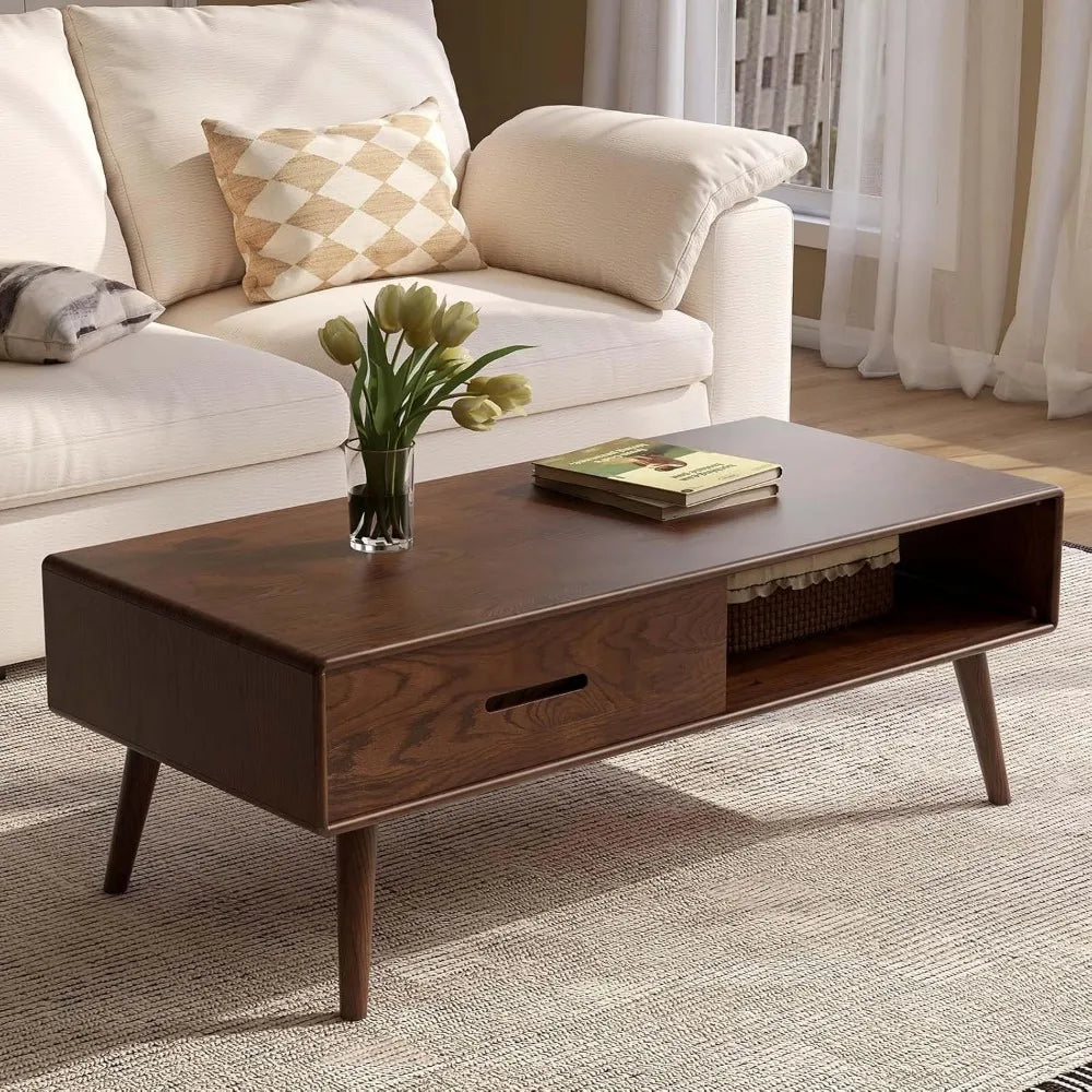 100% Solid Wood Coffee Table with Storage Space 39.37 Inch Wide Coffee Table with 2 Drawers