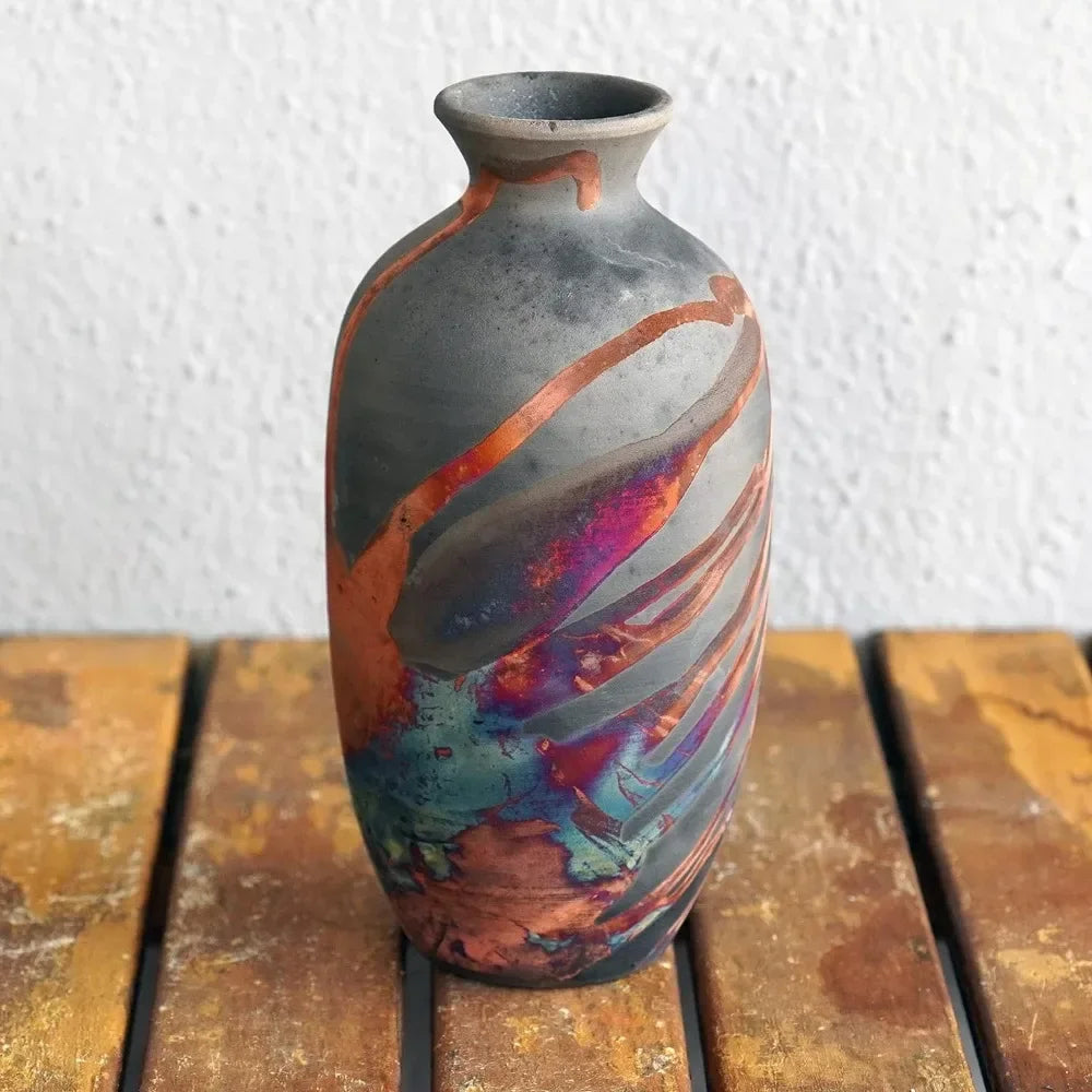 7 Inch Raku Ceramic Pottery Vase Carbon Half Copper Matte