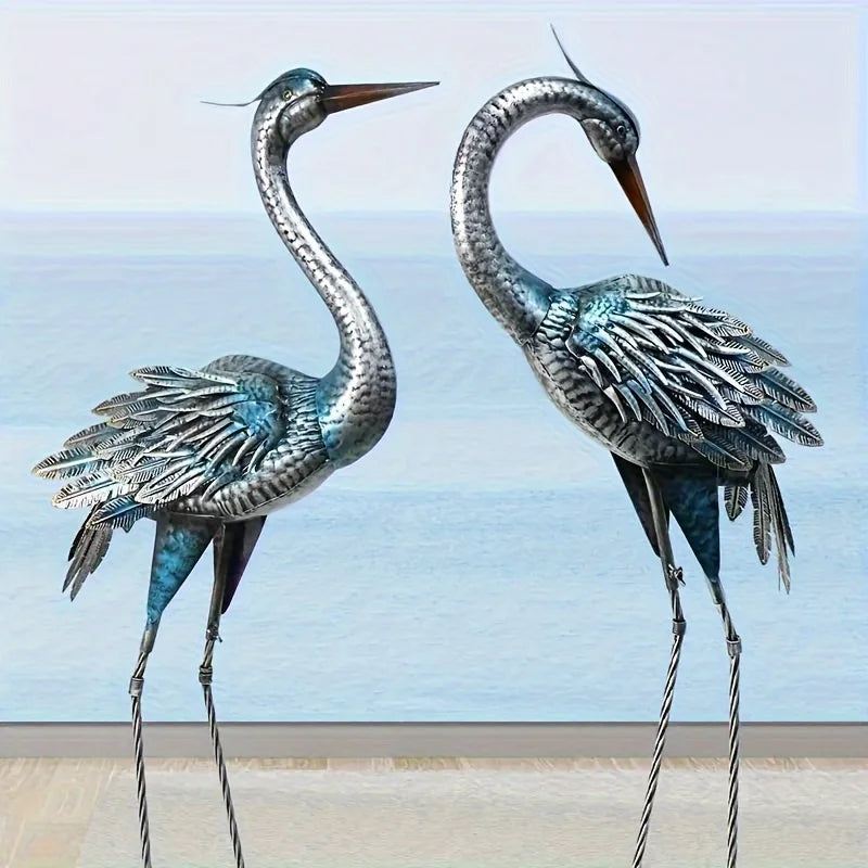 Blue Heron Rustic Metal Garden Crane Statues for Outdoor Decor