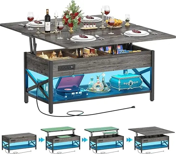 Coffee Table Lift Top Multi-Function Coffee Table Converts to Dining Table with LED Light and Power Outlet