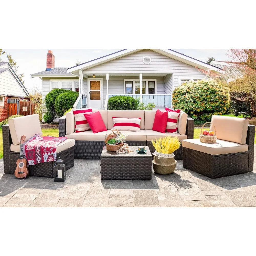 6 Piece Small Patio Furniture Sets with Glass Table and Cushions