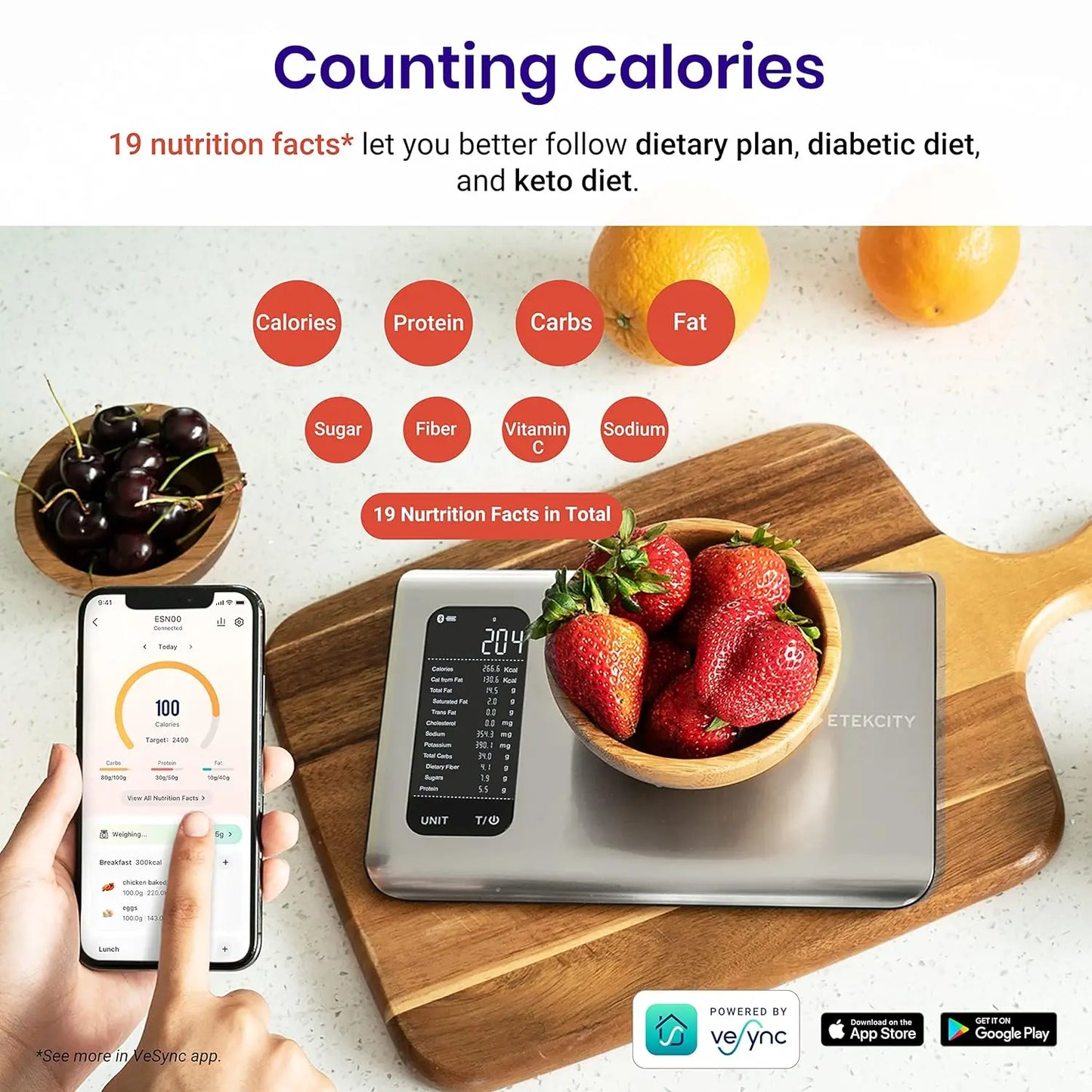 Etekcity Food Kitchen Scale Digital Grams and Ounces for Weight Loss With Smart Nutrition App 19 Facts Tracking Baking Cooking