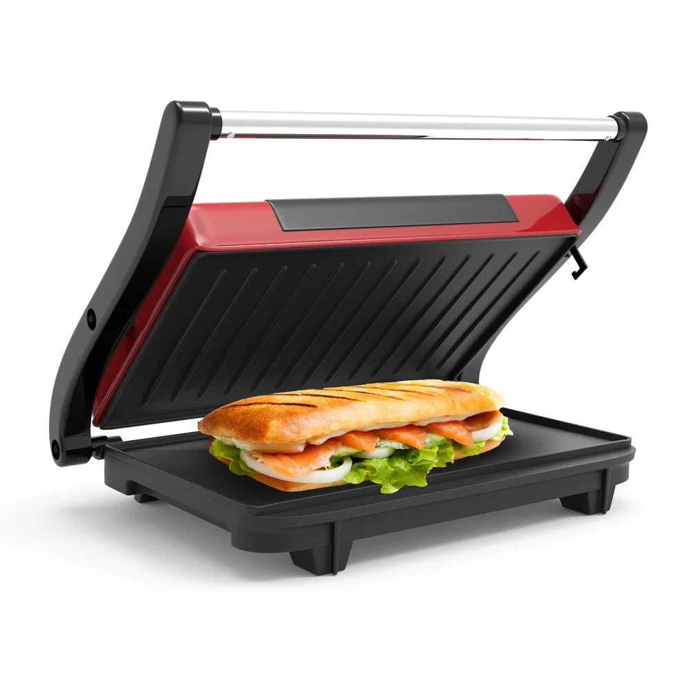 Non-Stick Panini Grill and Sandwich Maker 1400W Indoor Cooking Appliance with Grease Channeling System Easy Cleanup Ideal Small