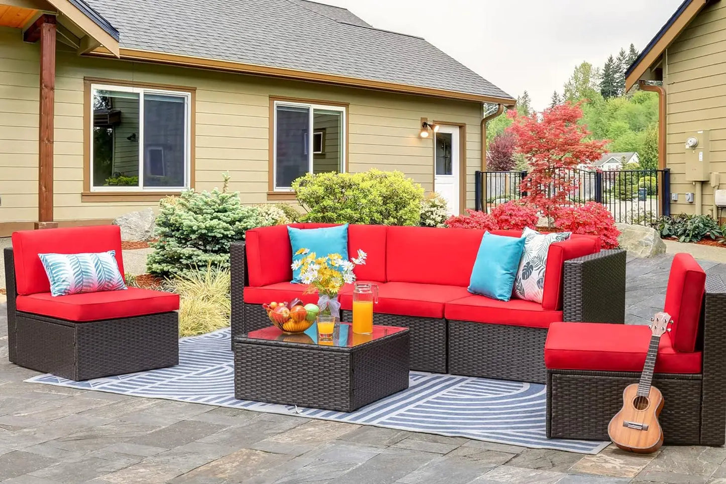 6 Piece Small Patio Furniture Sets with Glass Table and Cushions