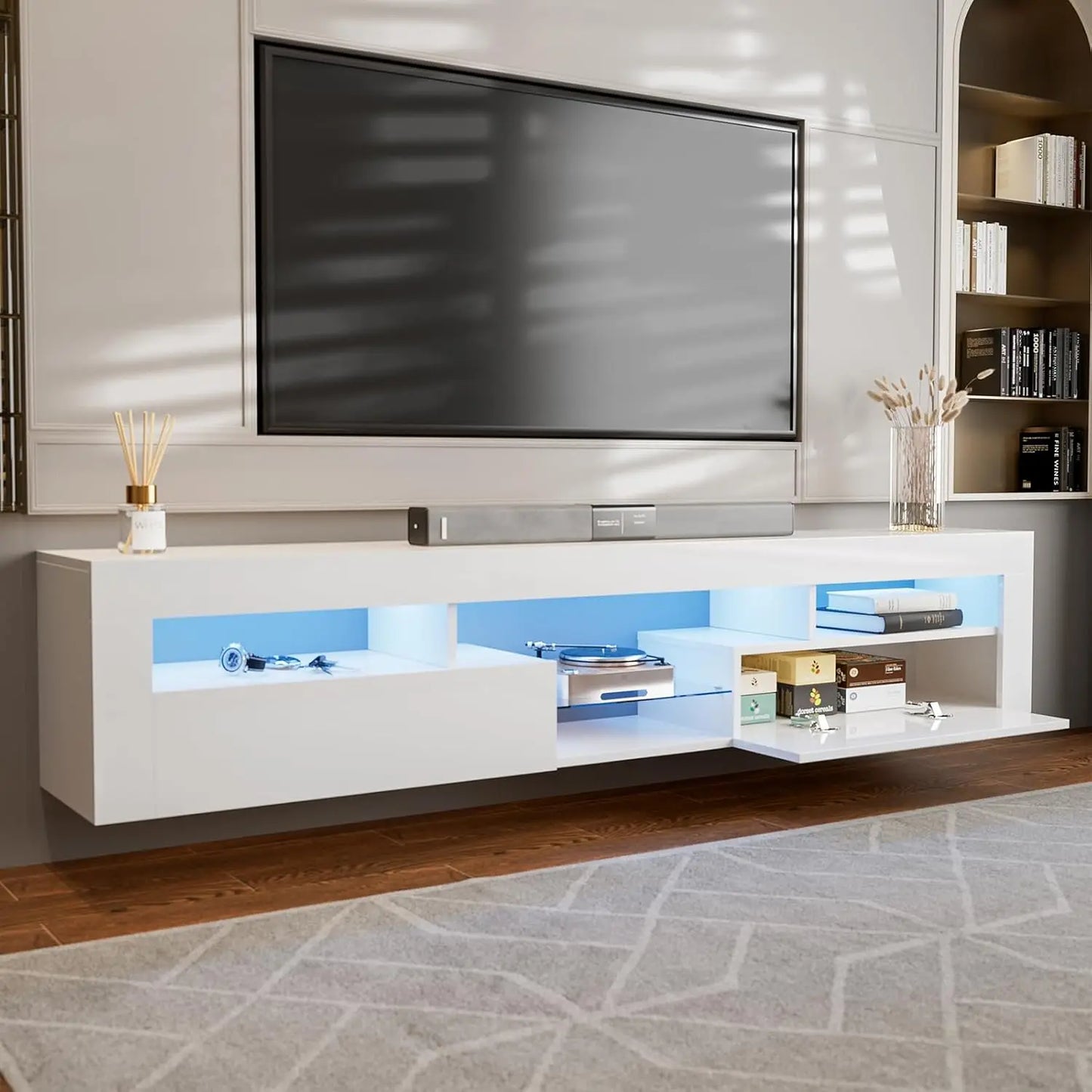 LED Floating TV Stand for 85 Inch TV with 2 Cabinets