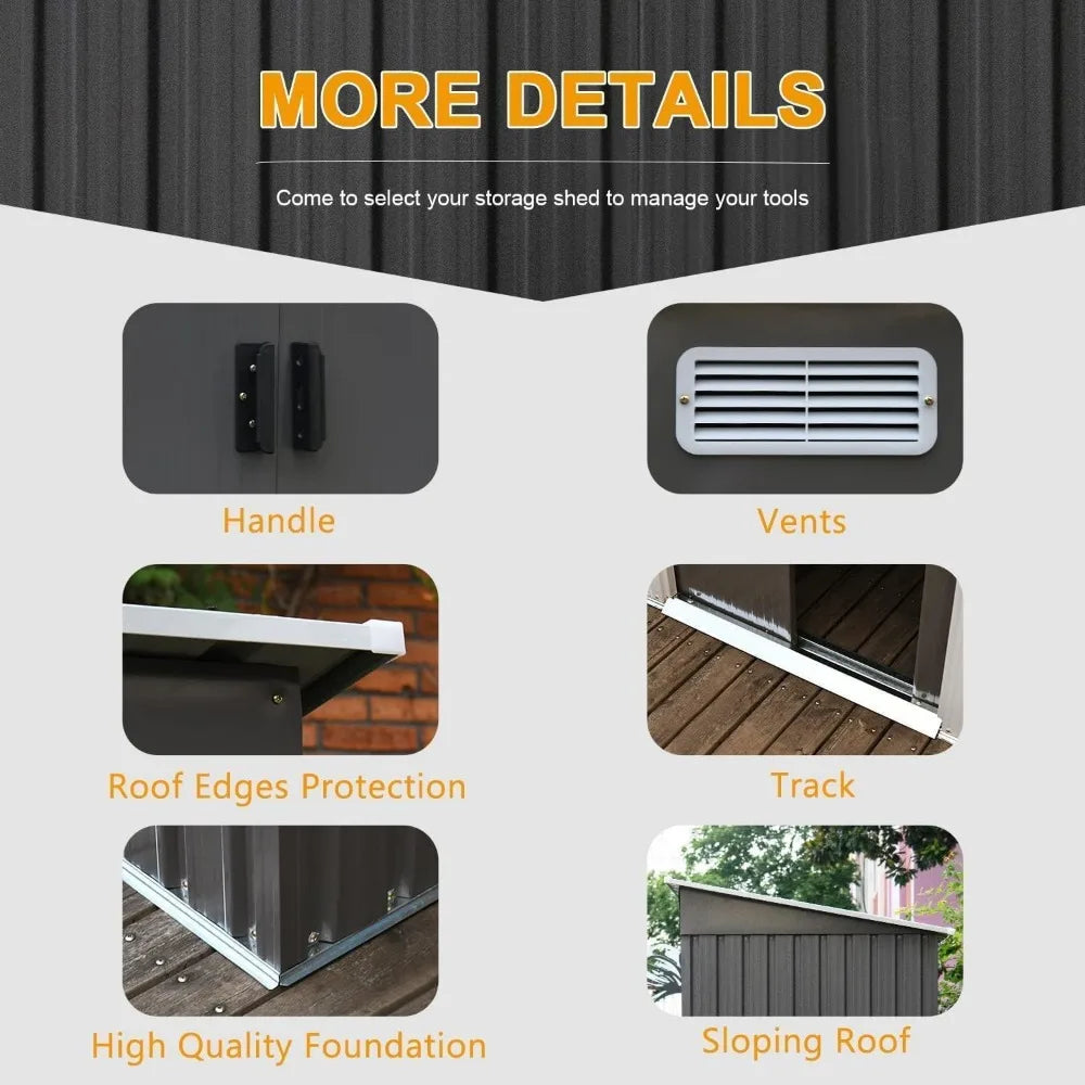 8 X 6FT Outdoor Storage Shed Patio Grey Metal Shed Waterproof