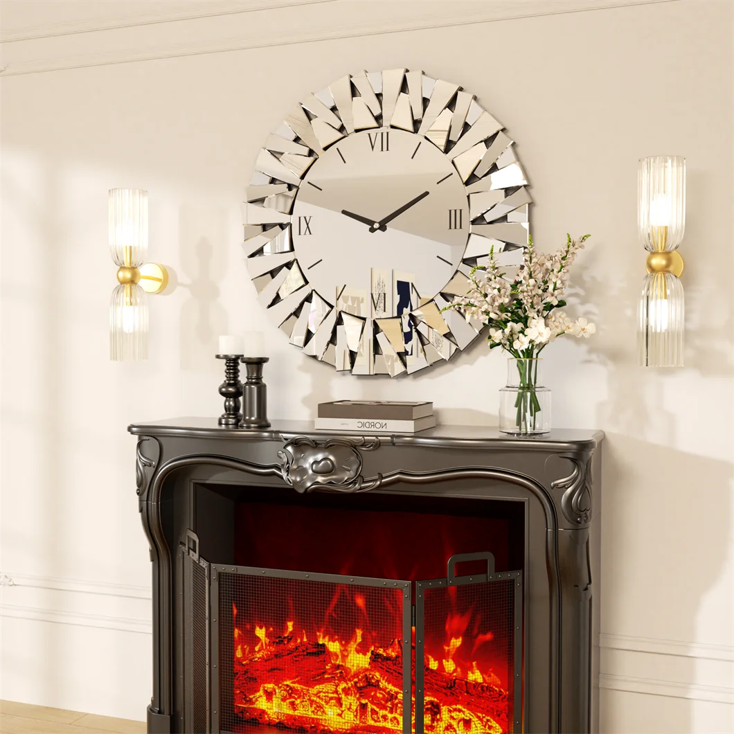 Large 3D Mirrored Wall Clock Sunburst 32 Inch Roman Numeral