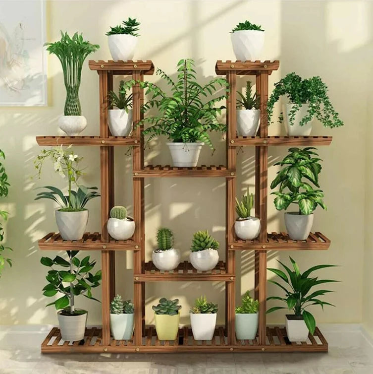Large 11 Tiered Wood Plant Stand Carbonized For Outdoor
