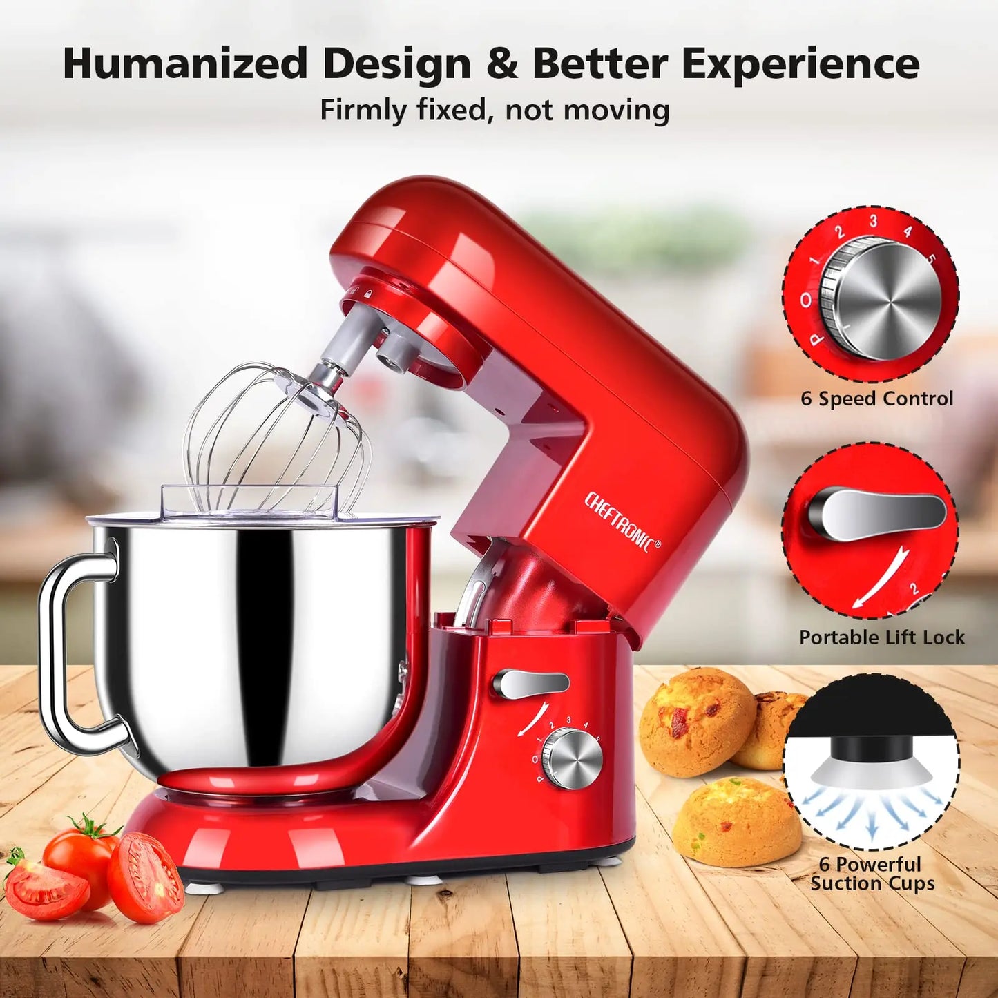 Cheftronic 6 Speed Stand Mixer with 7 Quart Stainless Steel Mixing Bowl,Dough hook, Egg whisk, Kitchen mixer with US Plug