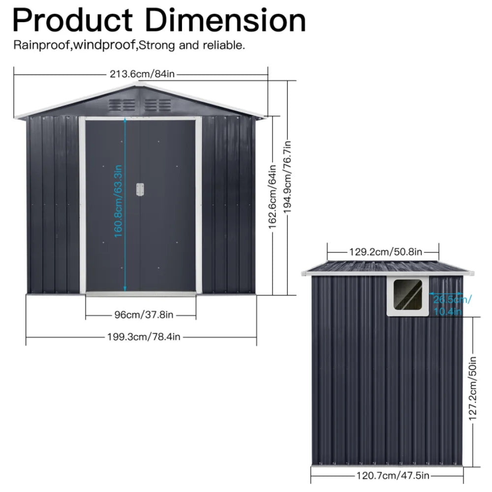 7ftx4.3ft Grey Metal Sheds Garden Storage With Window