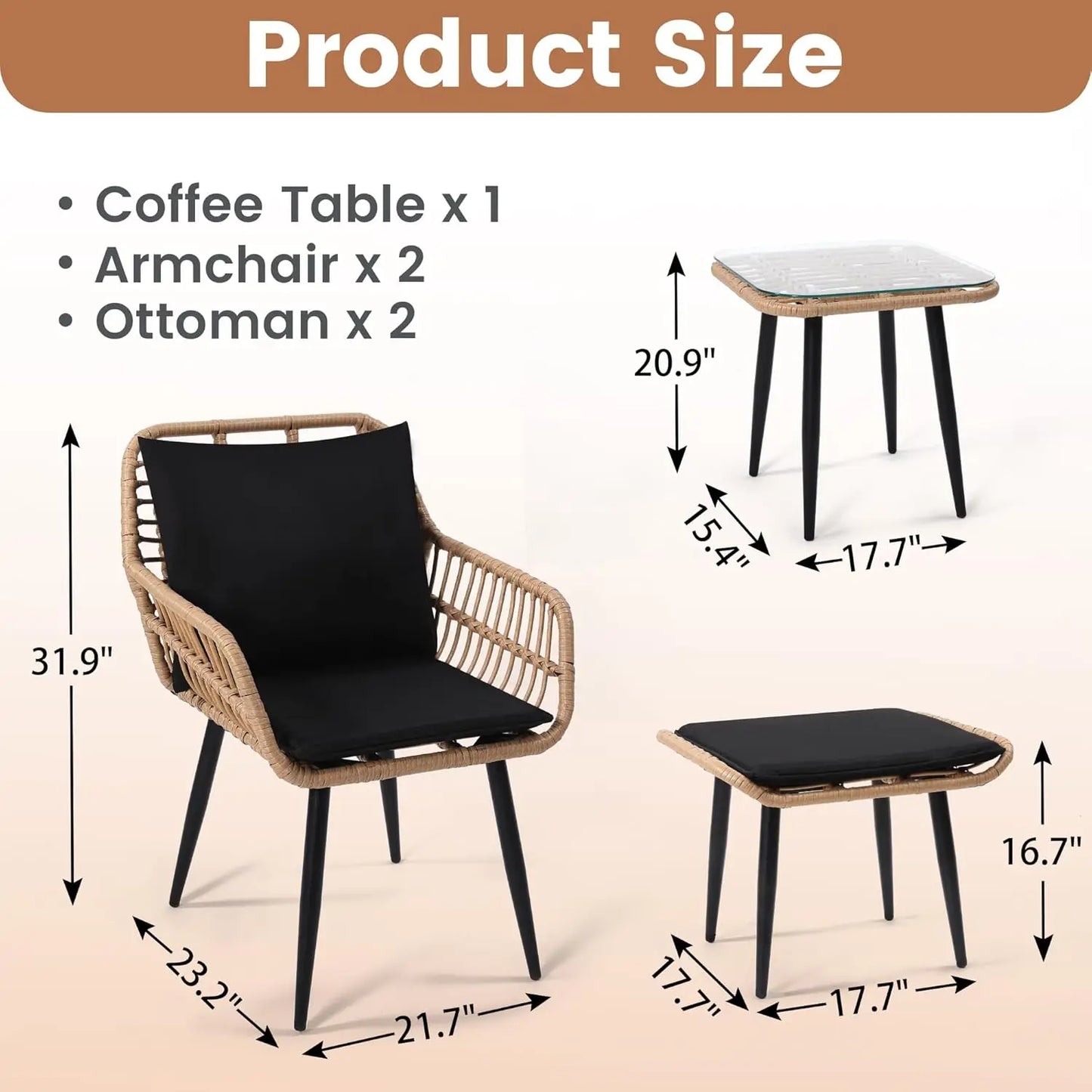 5 Piece Wicker Bistro Patio Set 2 Chairs 2 Ottomans Natural