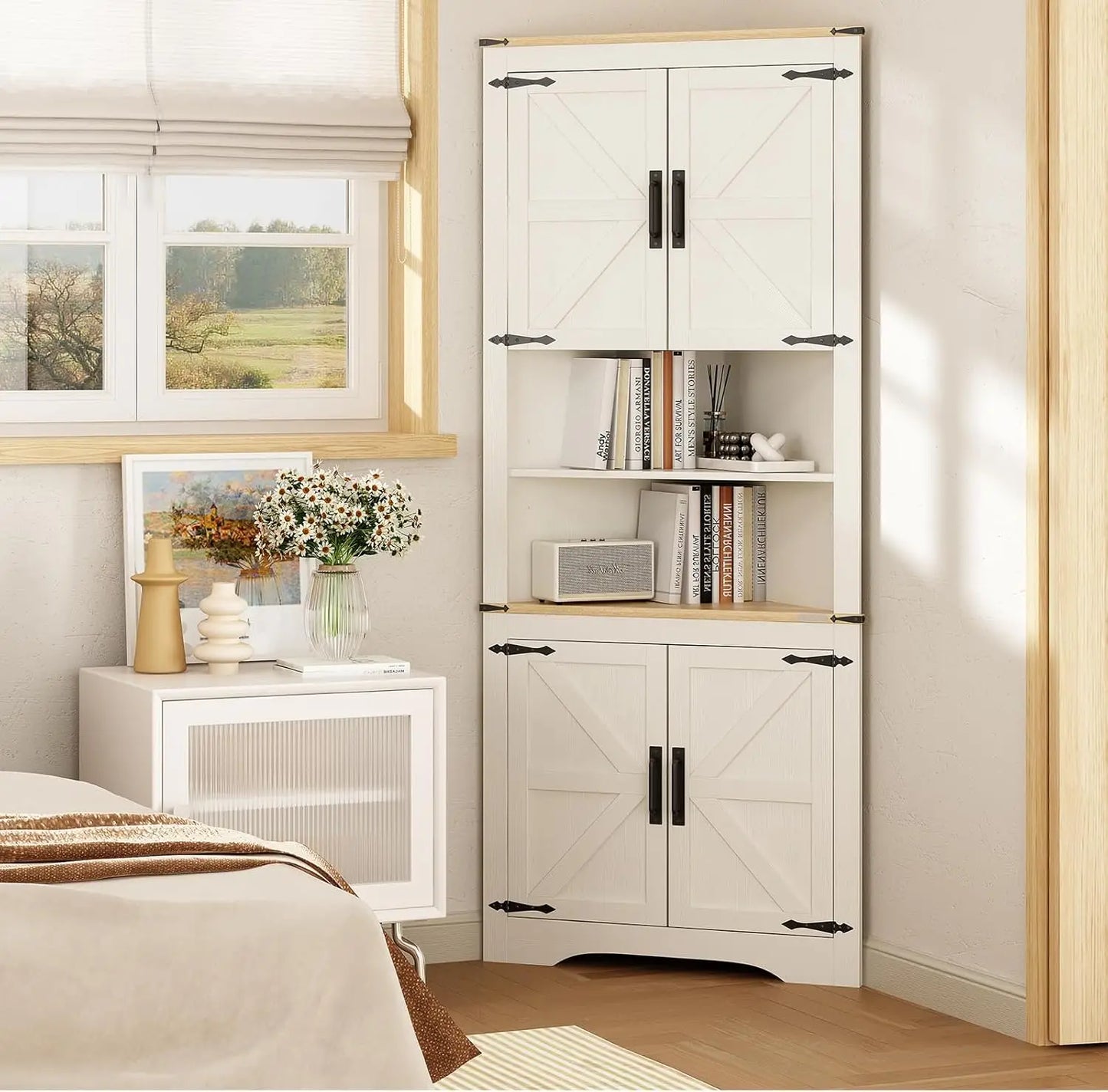 Redlife Farmhouse Corner Cabinet With Barn Door And Shelves