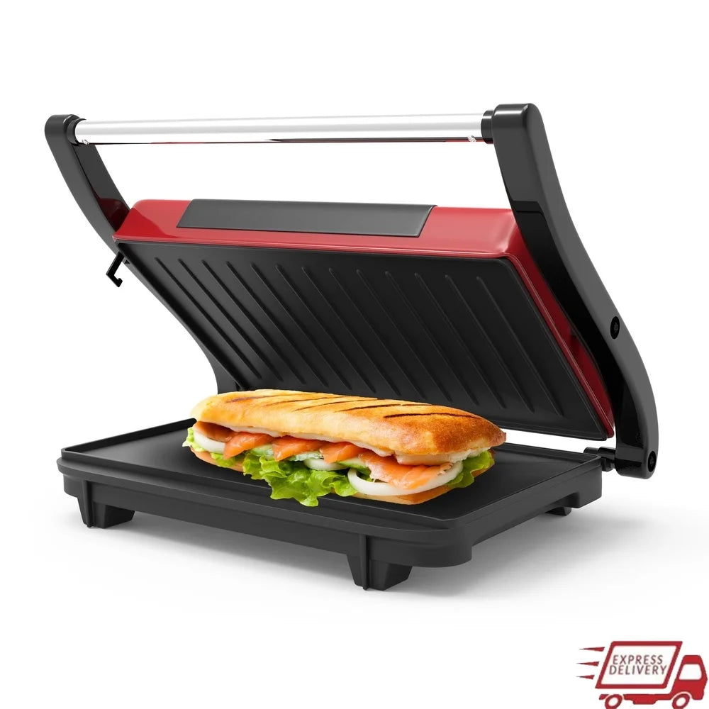 Non-Stick Panini Grill and Sandwich Maker 1400W Indoor Cooking Appliance with Grease Channeling System Easy Cleanup Ideal Small