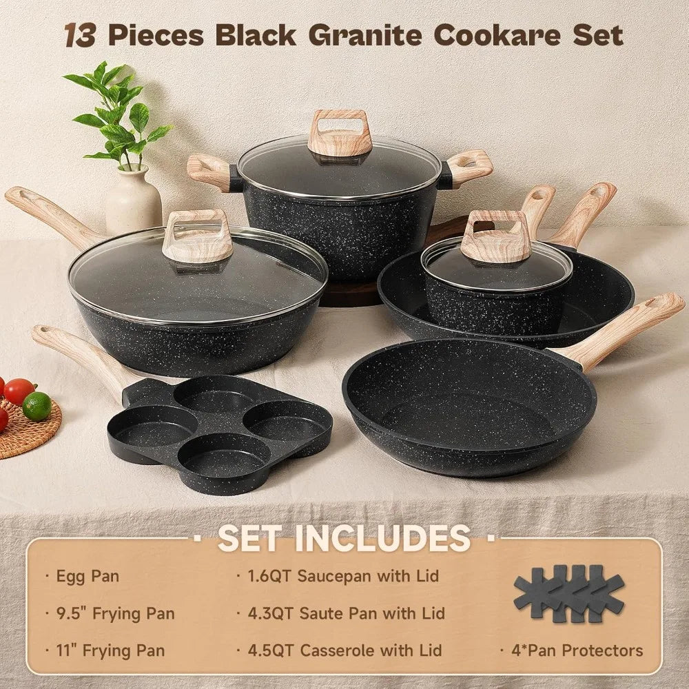 Black Granite Nonstick Pots and Pans Set Induction Nontoxic