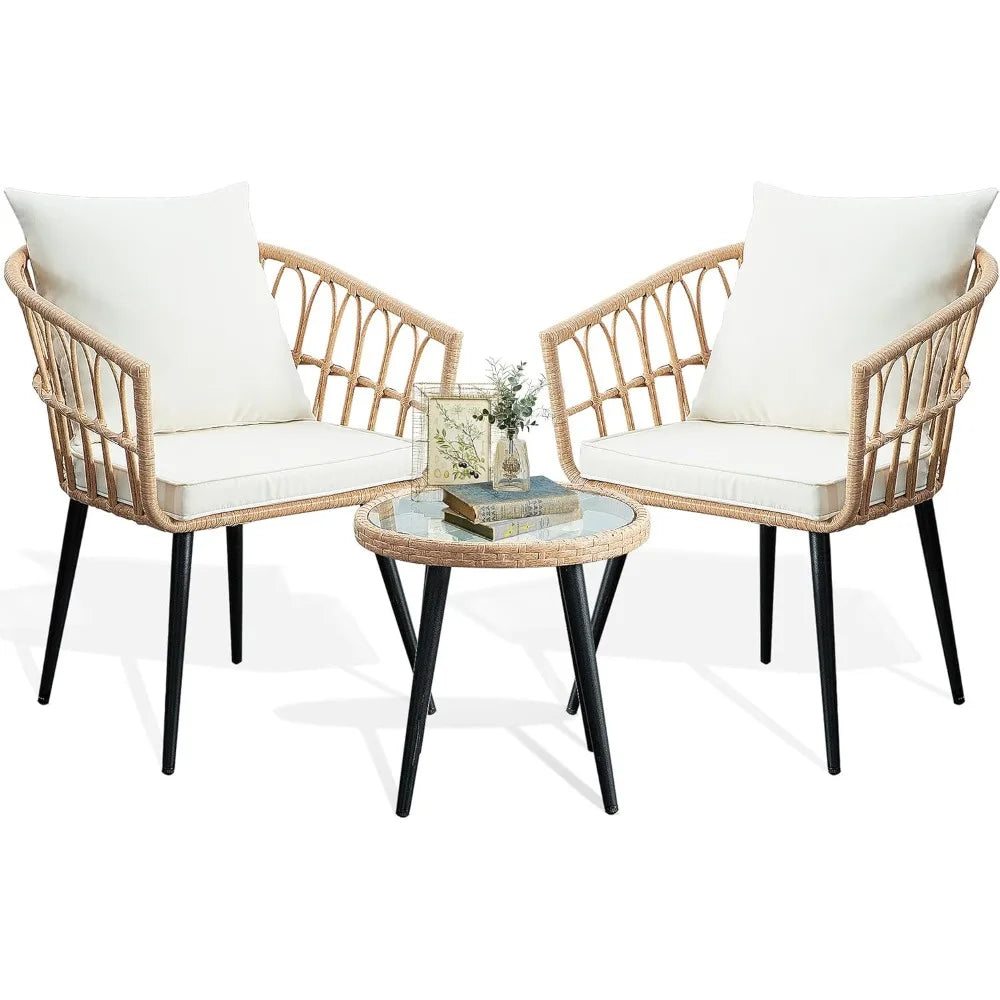 3 Piece Patio Bistro Set, Outdoor Wicker Balcony Rattan. Compact & Versatile; Comfortable Seating; Elegant Coffee Table; Multi-Functional Ottomans.