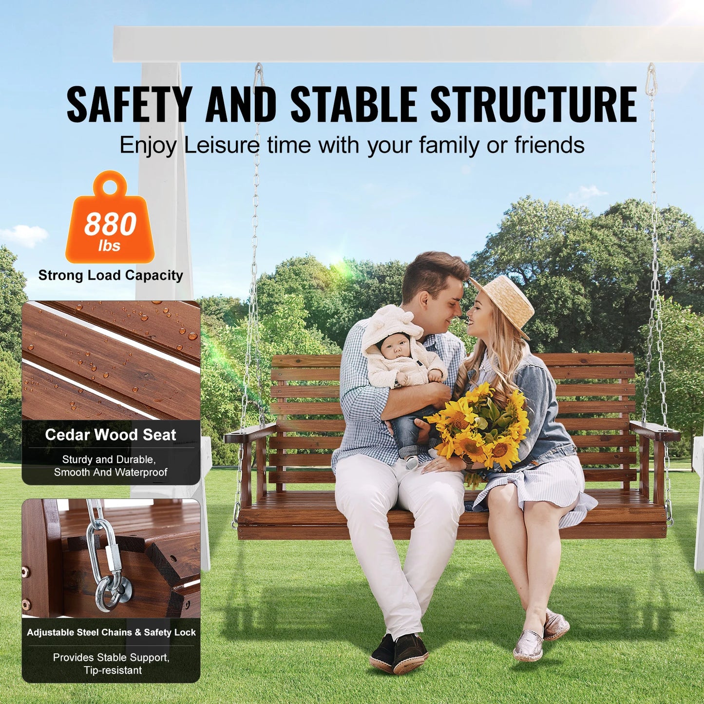 SucceBuy Cedar Wood Porch Swing 5 Ft Patio Bench 880 Lbs
