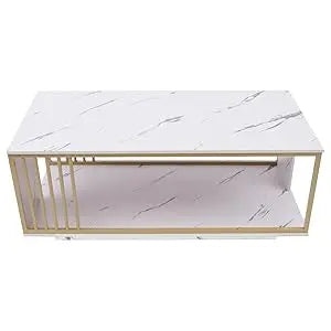 Modern White Marble Veneer Coffee Table With Gold Frame