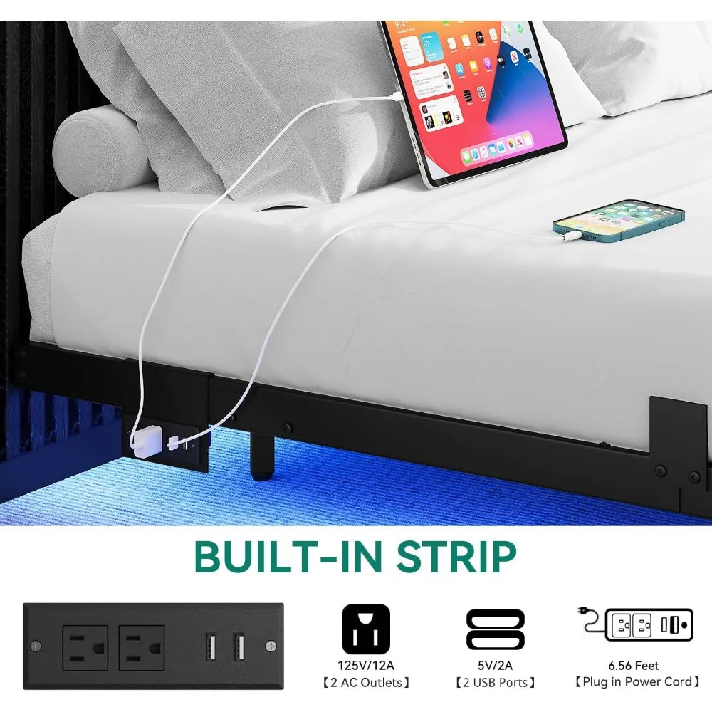 Floating Bed Frame Queen Size with LED Charging Station