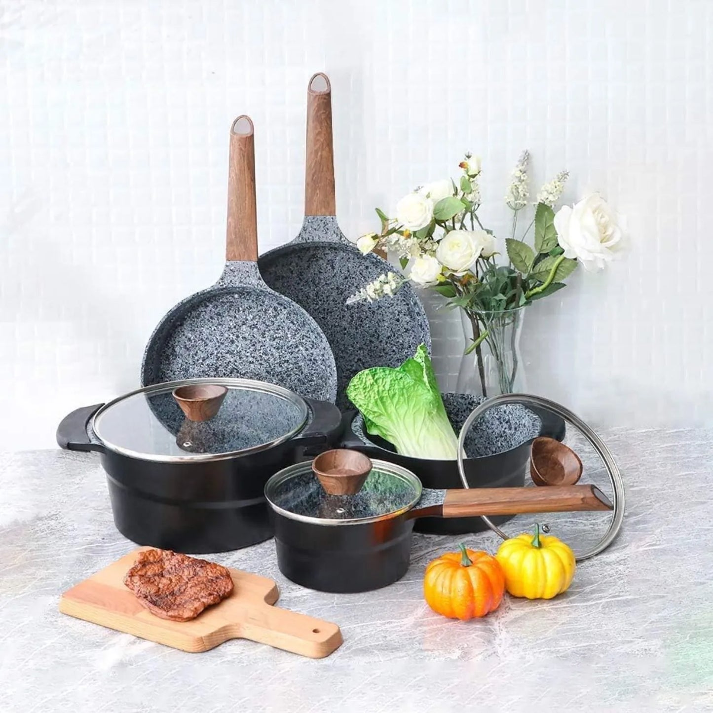 Cast Aluminum Pots and Pans Set Non Stick - 12Pcs Induction Cookware Set