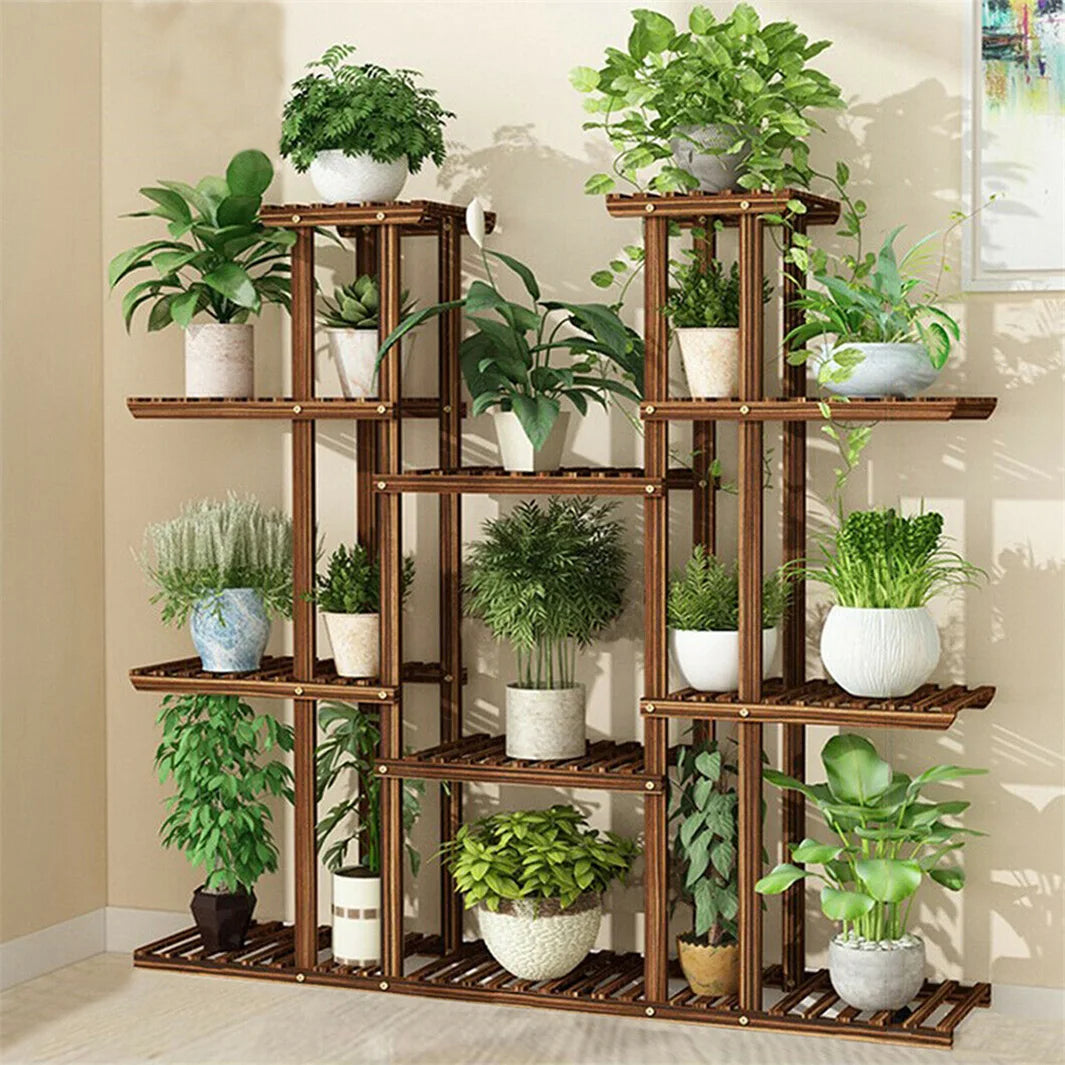 Large 11 Tiered Wood Plant Stand Carbonized For Outdoor
