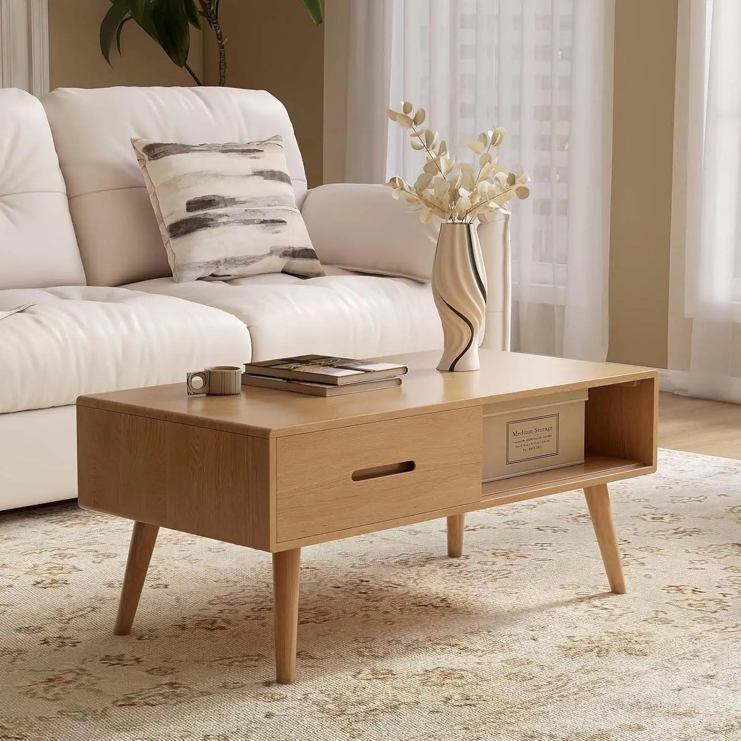 100% Solid Wood Coffee Table with Storage Space 39.37 Inch Wide Coffee Table with 2 Drawers