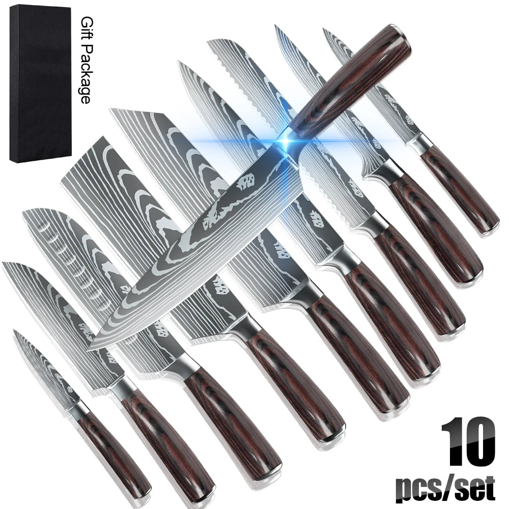 8 10pcs Gift Japanese Kitchen Knives Set Laser Damascus Pattern Chef Knife High Carbon Stainless Steel Sharp Fruit Slicing Knife