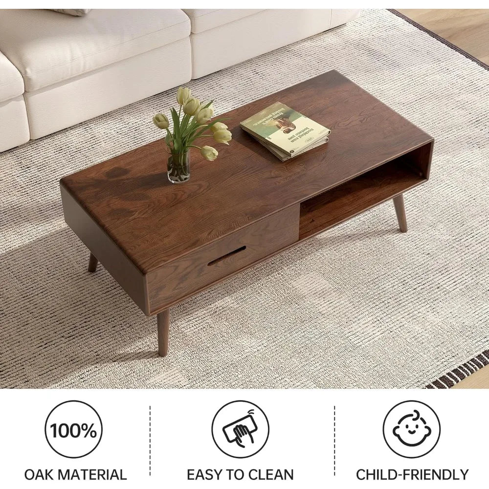 100% Solid Wood Coffee Table with Storage Space 39.37 Inch Wide Coffee Table with 2 Drawers