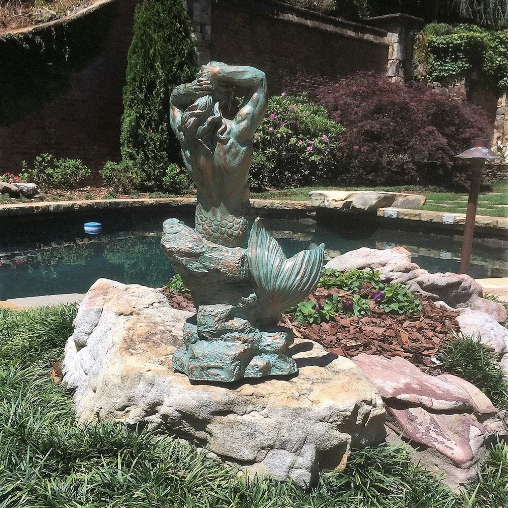Bronze Patina Merman Mermaid Garden Statue for Outdoor Use