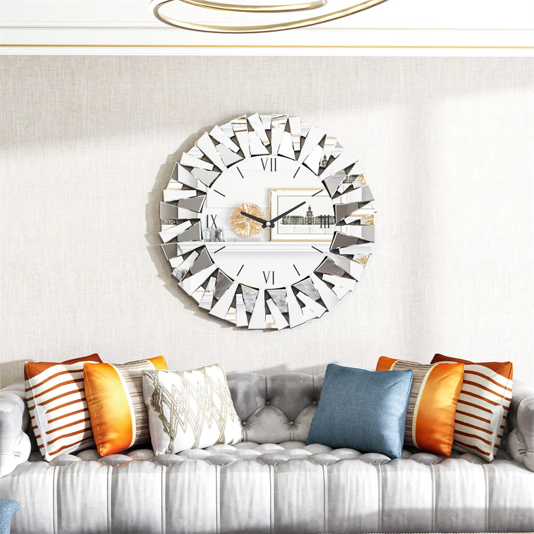Large 3D Mirrored Wall Clock Sunburst 32 Inch Roman Numeral