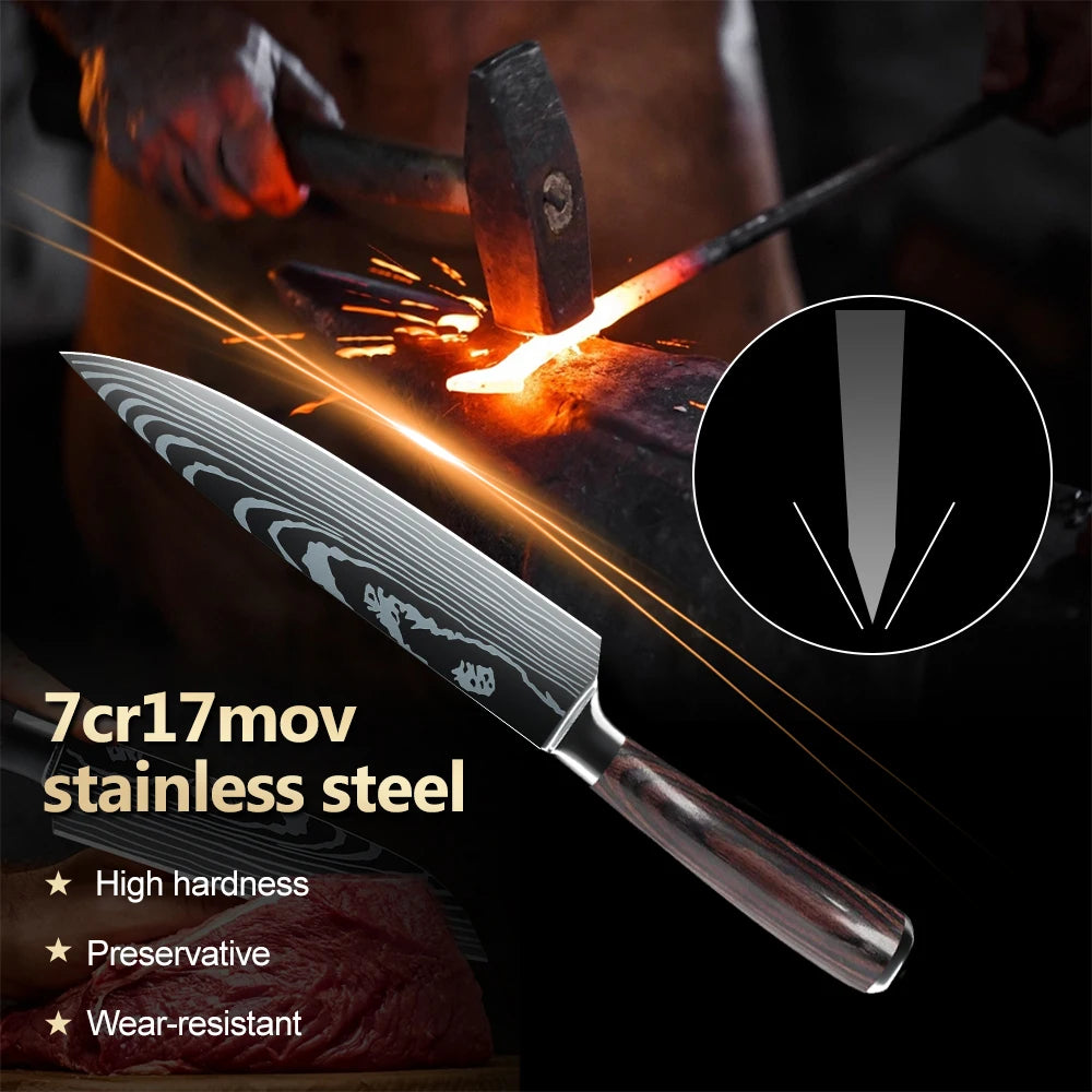 8 10pcs Gift Japanese Kitchen Knives Set Laser Damascus Pattern Chef Knife High Carbon Stainless Steel Sharp Fruit Slicing Knife