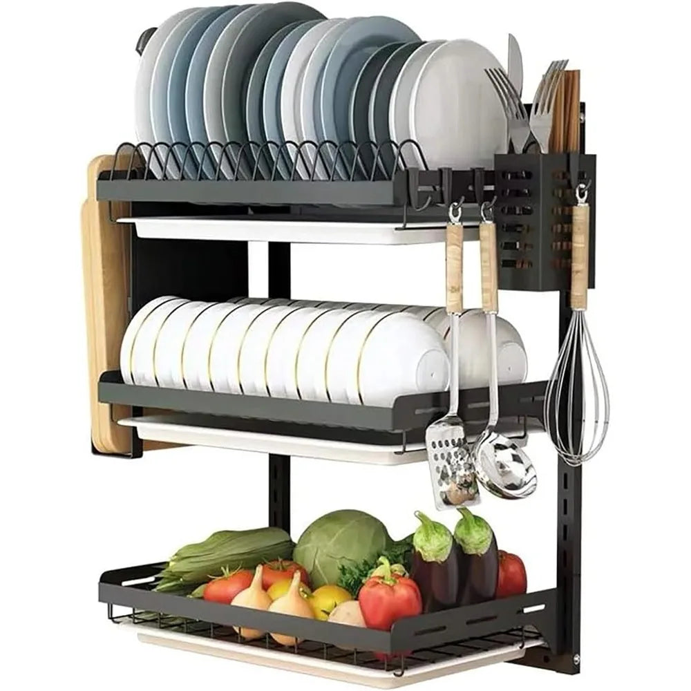 3 Tier Black Stainless Steel Dish Drying Rack with Drainboard