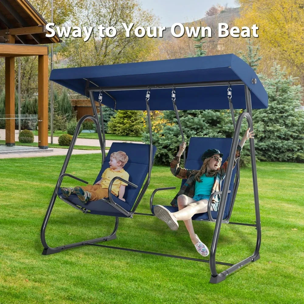 Two Person Porch Swing Chair High Back Dark Blue Garden