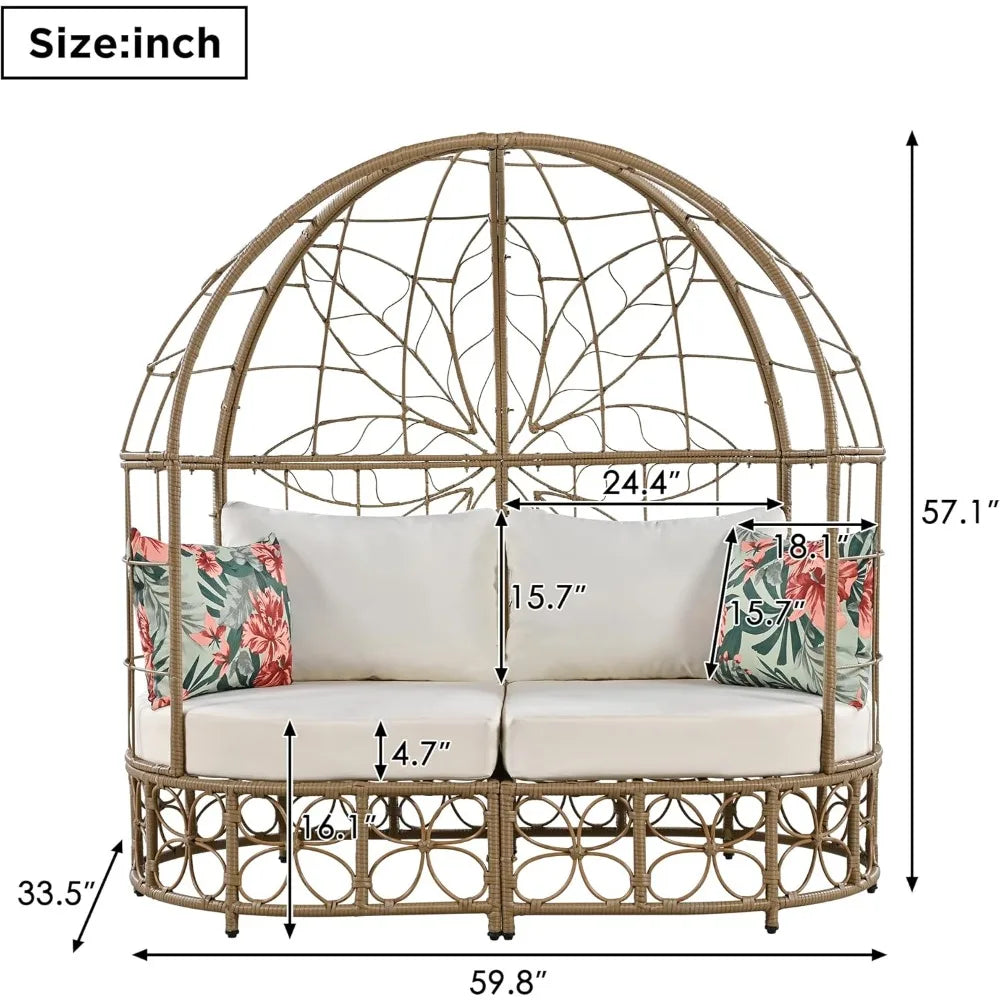 Wicker Patio Daybed with Curtain and Colorful Pillows