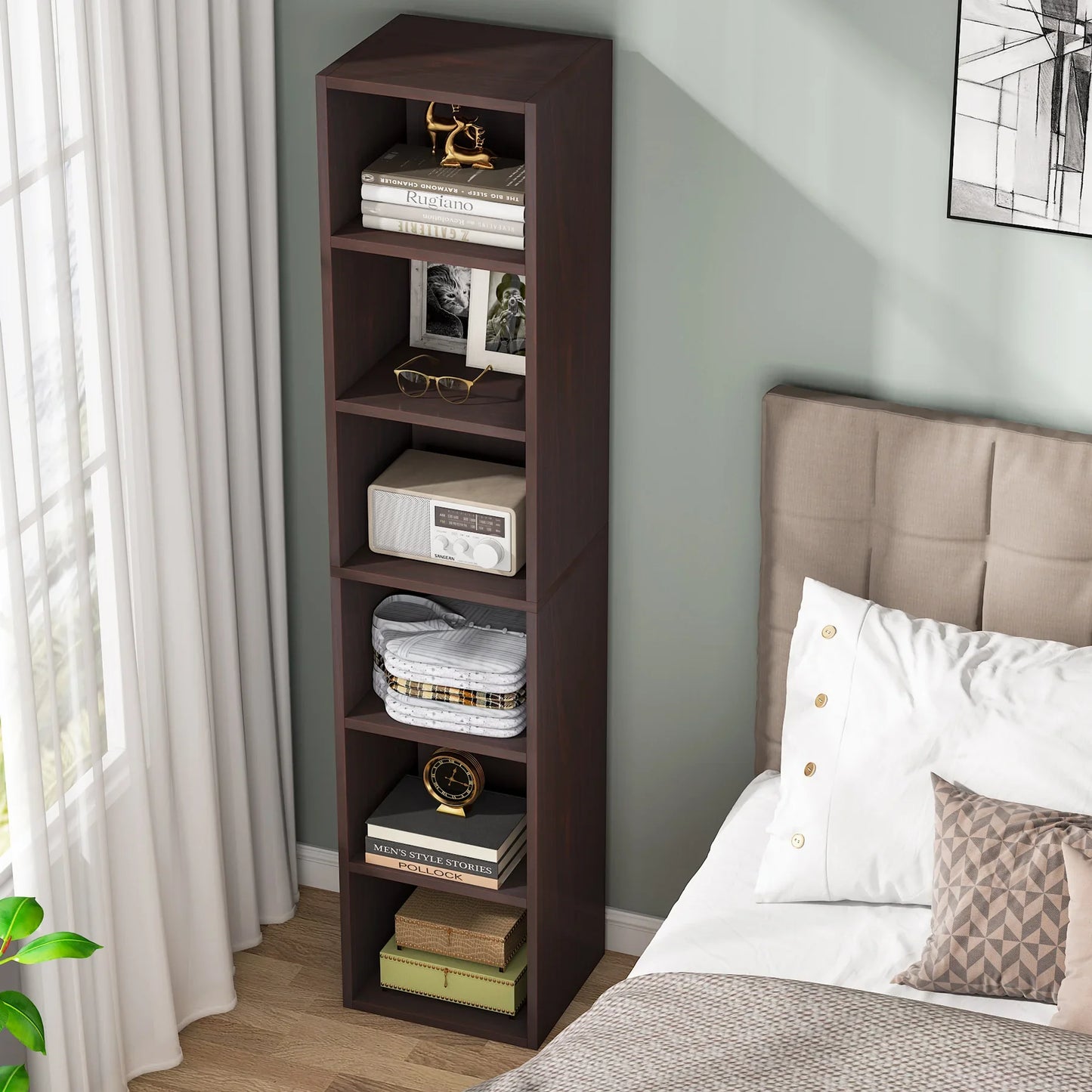 Tribesigns 70.9 Inch Tall Narrow Bookcase, Rustic Corner Bookcase with Storage, 6 Tier Cube Display Shelves for Home Office