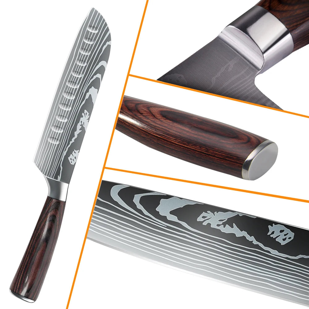 8 10pcs Gift Japanese Kitchen Knives Set Laser Damascus Pattern Chef Knife High Carbon Stainless Steel Sharp Fruit Slicing Knife