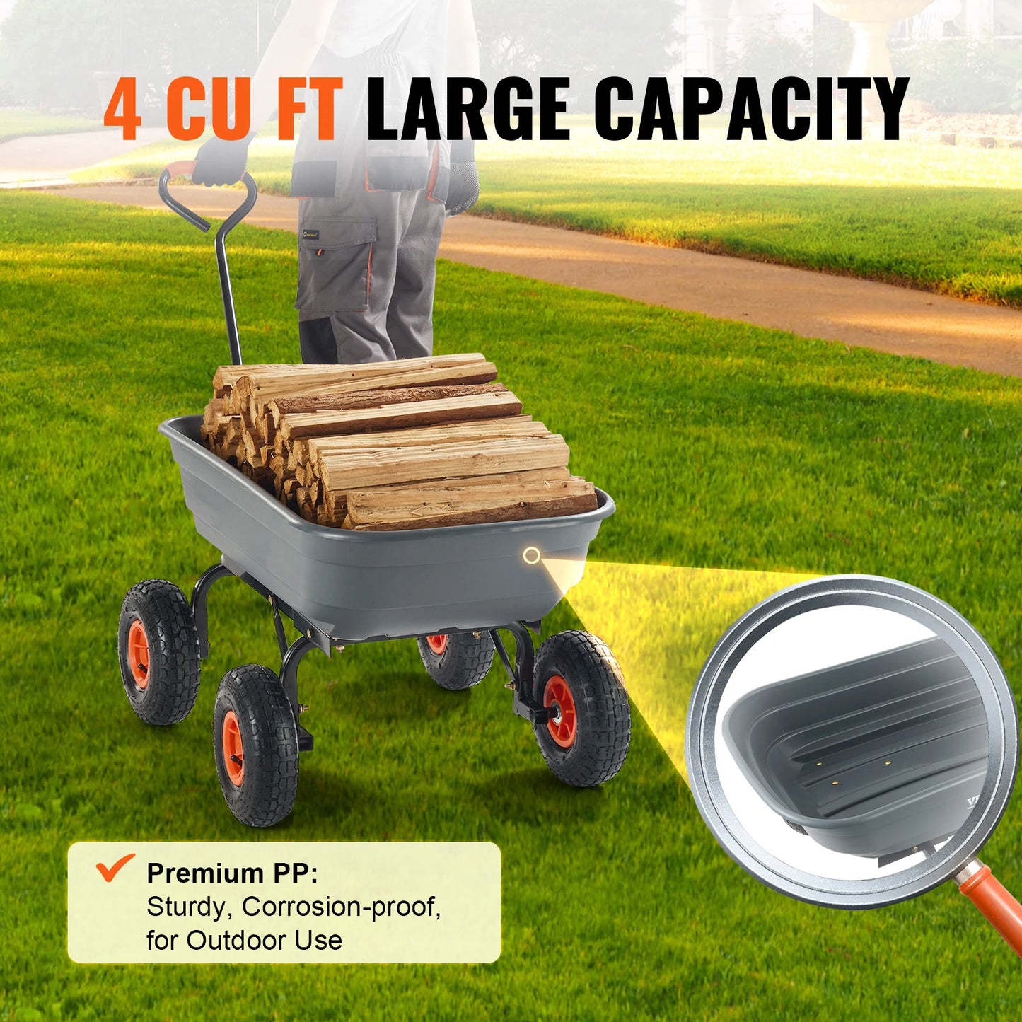 SucceBuy Poly Garden Dump Cart Steel Frame 2 In 1 Handle