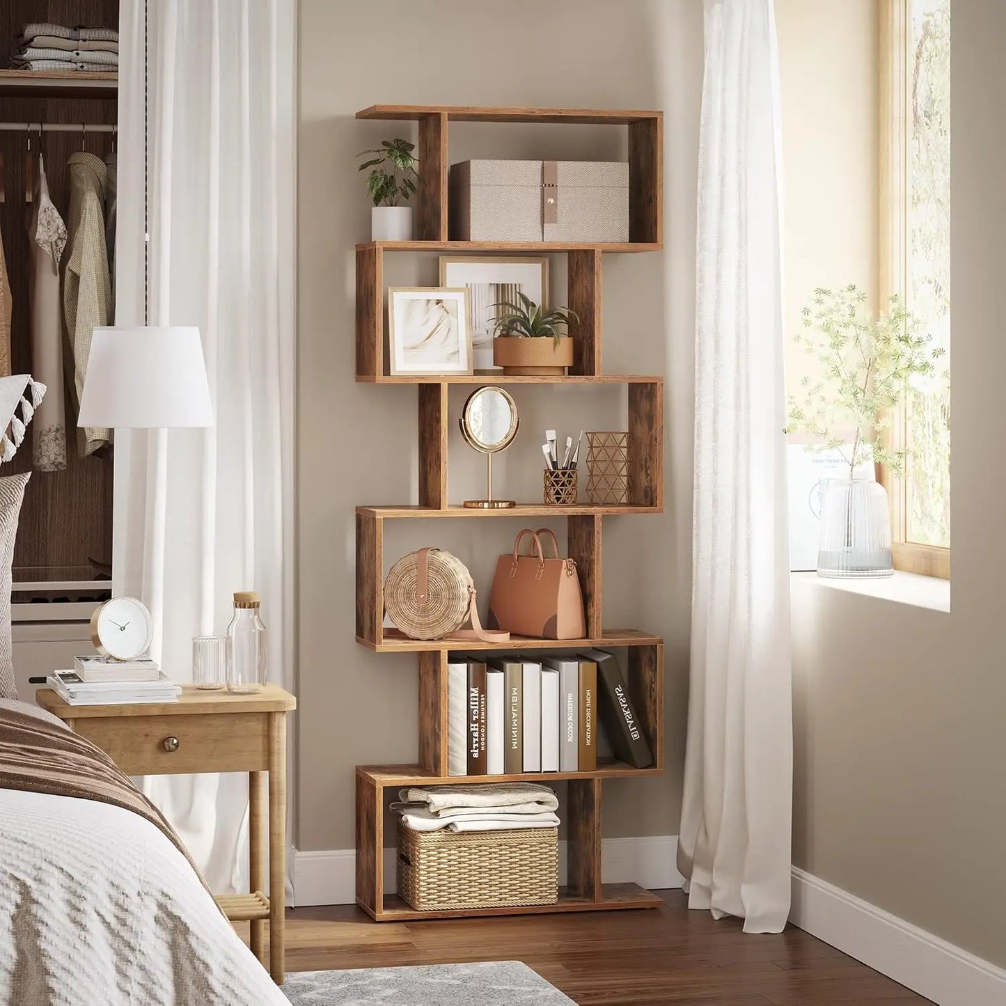 6-Tier Bookcase Tall Display Shelf Freestanding Storage Shelf Room Divider for Home Office