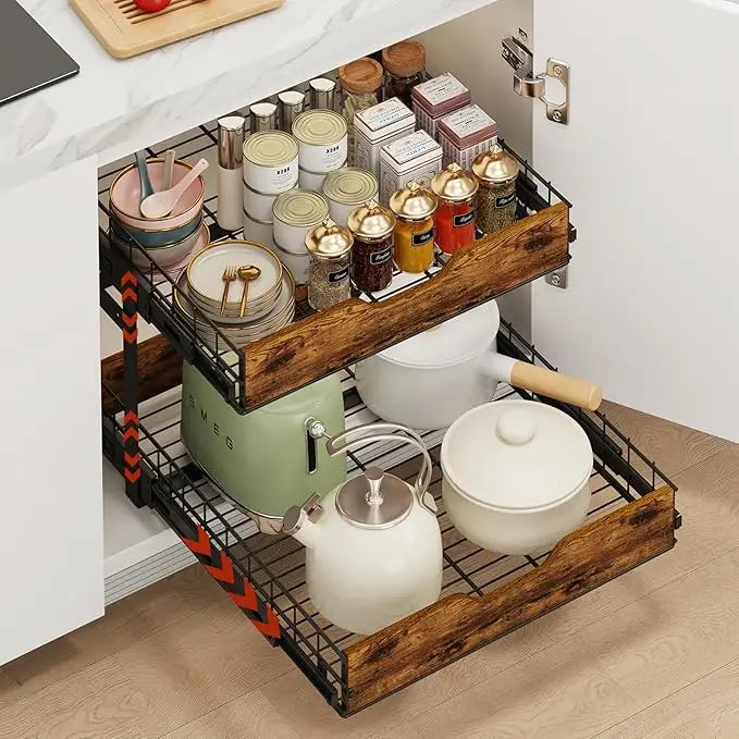 2 Tier Pull Out Cabinet Organizer 16W X 21D Adjustable Drawers