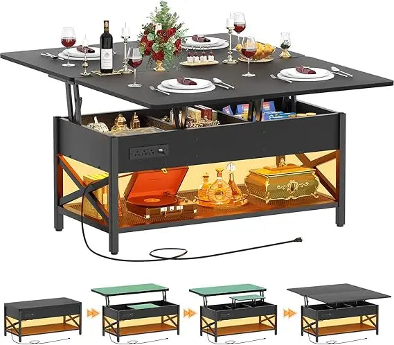 Coffee Table Lift Top Multi-Function Coffee Table Converts to Dining Table with LED Light and Power Outlet
