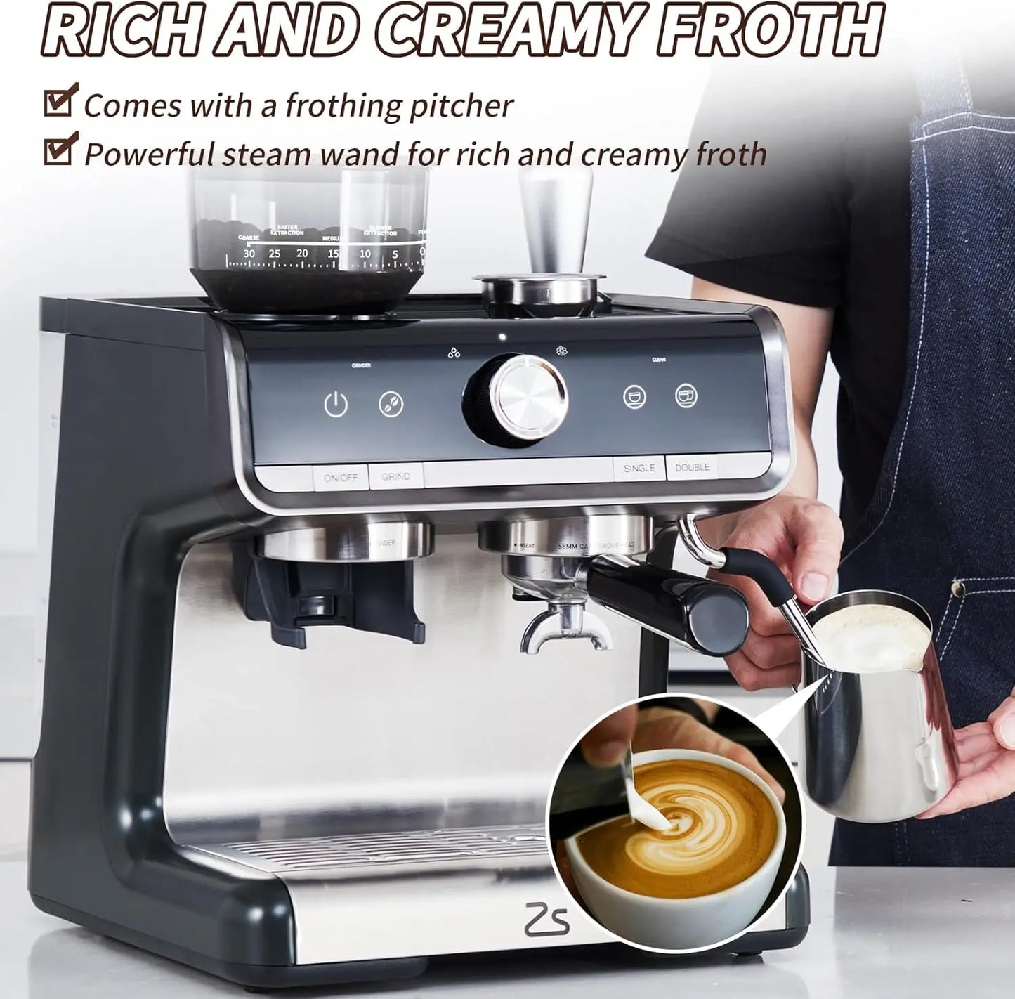 Acekool Espresso Machine Grinder Milk Frother 20 Bar
