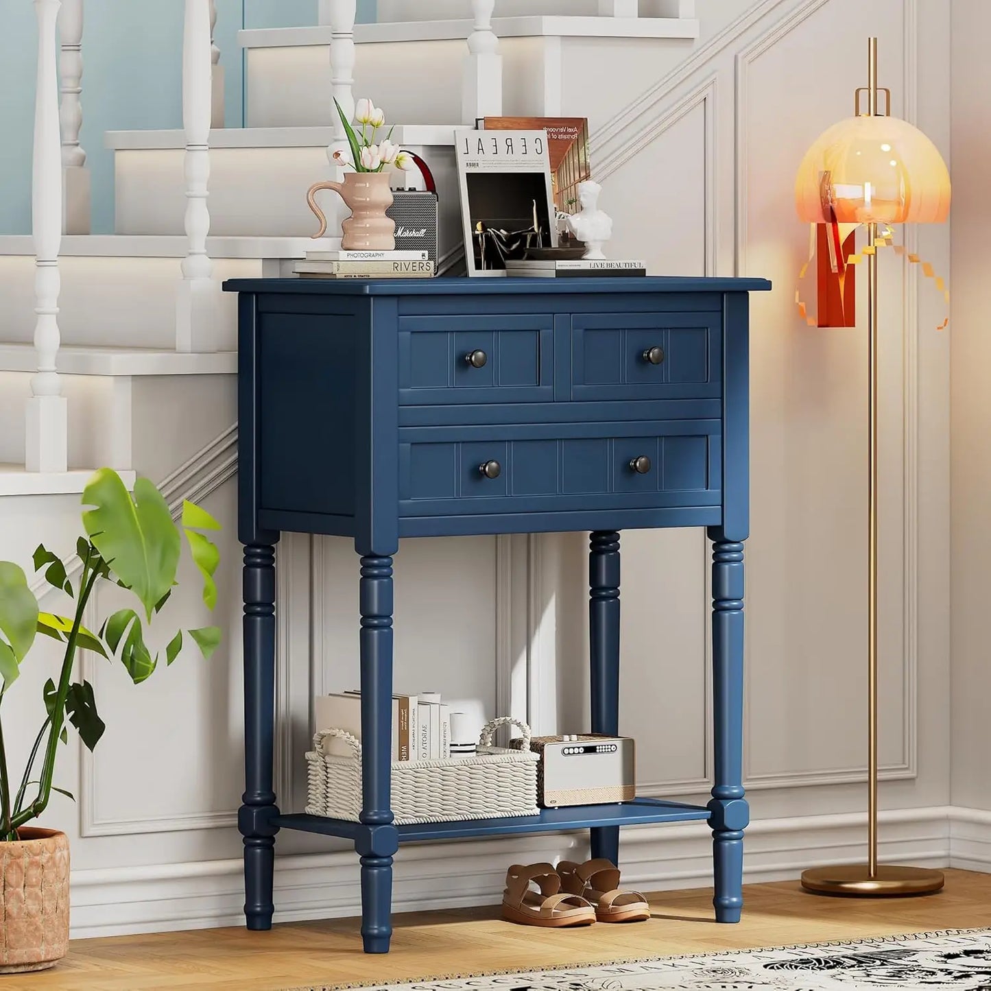 Slim Antique Entry Console Table with Drawers and Shelf