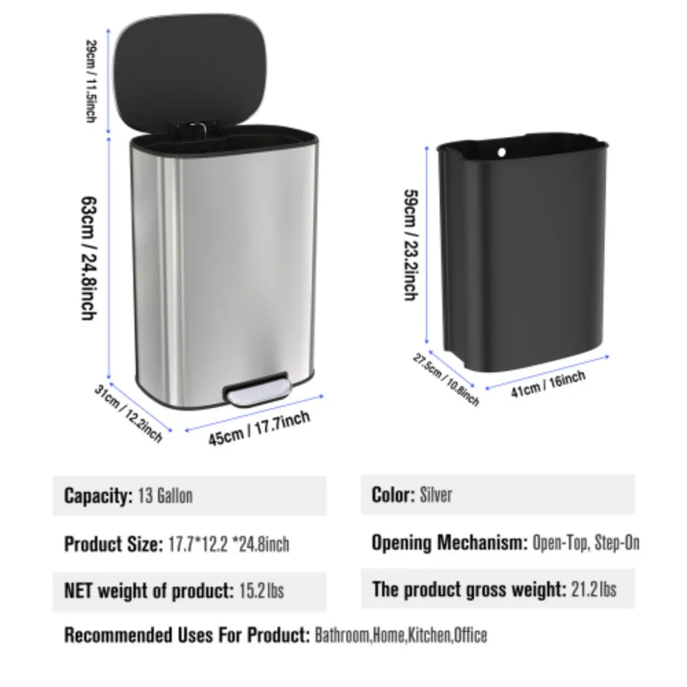 13 Gallon 50L Kitchen Foot Pedal Operated Soft Close Trash Can Stainless Steel Ellipse Bustbin S