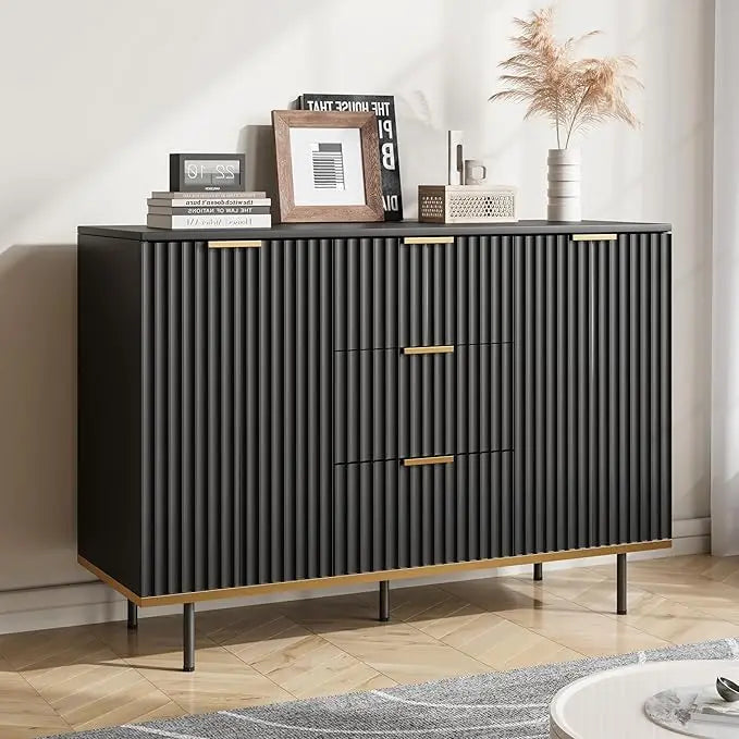 Fluted Sideboard Cabinet Elegant White Two Door 3 Drawers