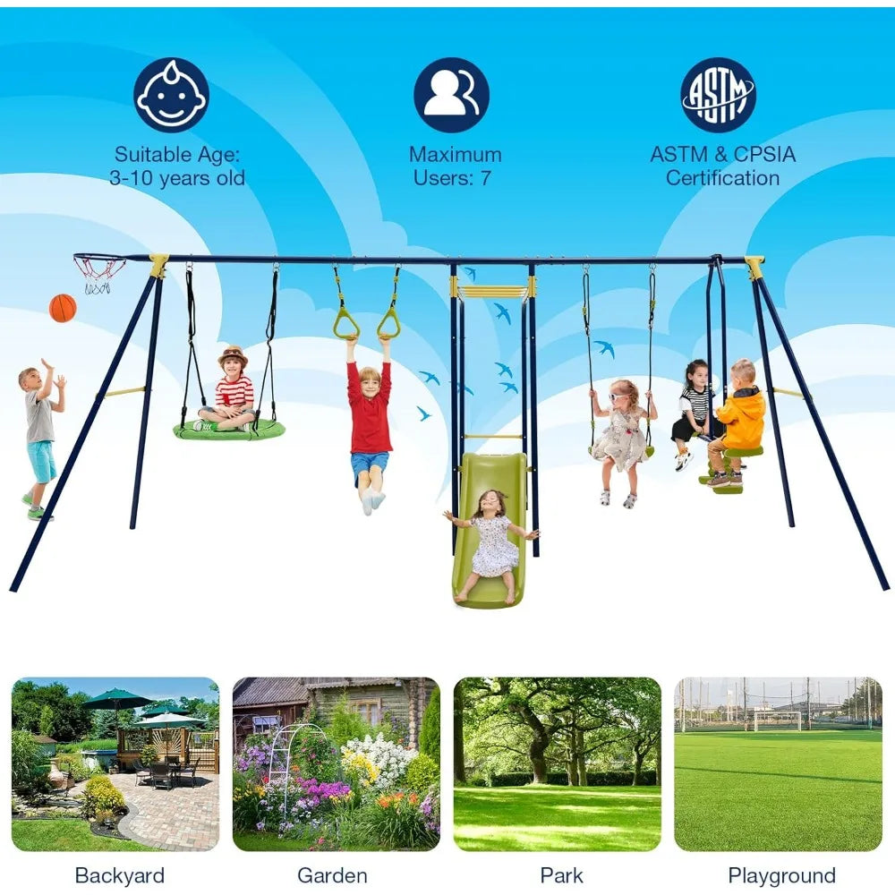 7-in-1 Swing Set w/ 2 Swings, Slide, Glider, Gym Rings
