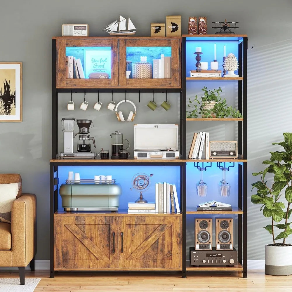 Bakers Rack with Power Outlet and LED Light, 45.3 Inch Farmhouse Coffee Bar Cabinet, Kitchen Microwave Stand with Storage
