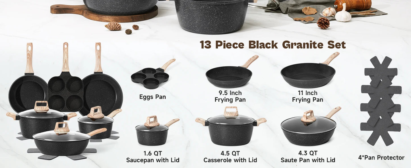 Black Granite Nonstick Pots and Pans Set Induction Nontoxic
